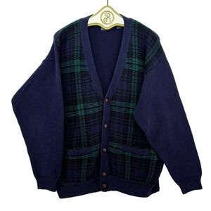 Vintage 90s GAP Plaid Cardigan Sweater LARGE Navy Green Cotton Knit Academia